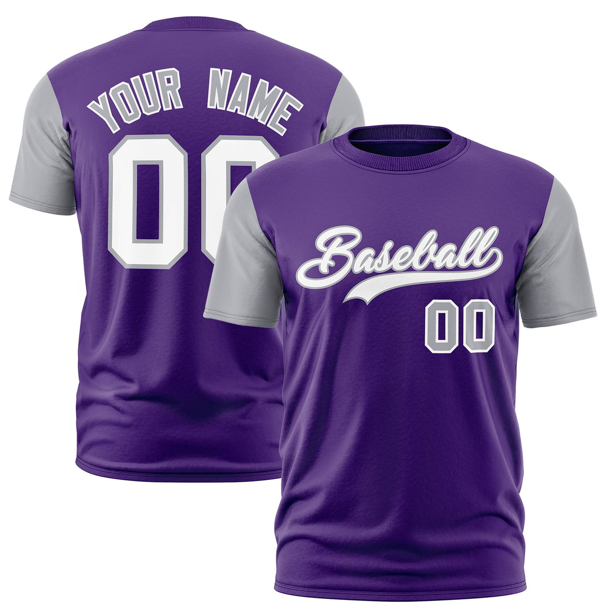 Custom Purple Gray White Crew Neck Personalized Raglan Sleeve Performance T-shirt