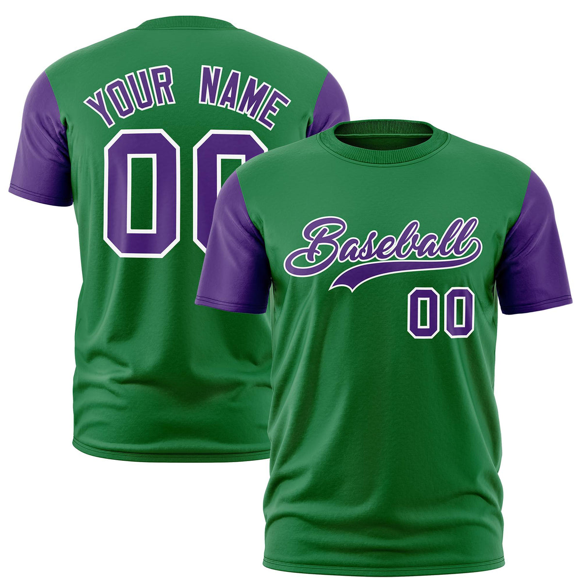 Custom Kelly Green Purple White Crew Neck Personalized Raglan Sleeve Performance T-shirt