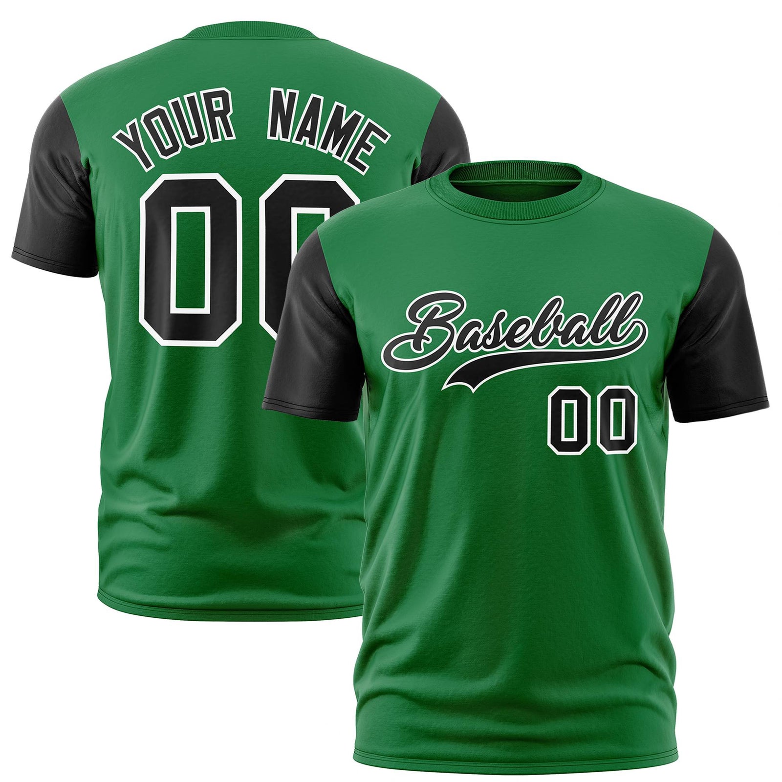 Custom Kelly Green Black White Crew Neck Personalized Raglan Sleeve Performance T-shirt
