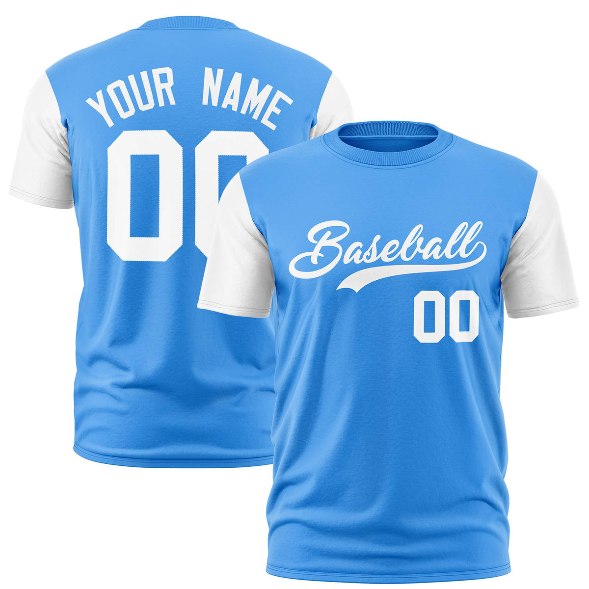 Custom Powder Blue White Crew Neck Personalized Raglan Sleeve Performance T-shirt