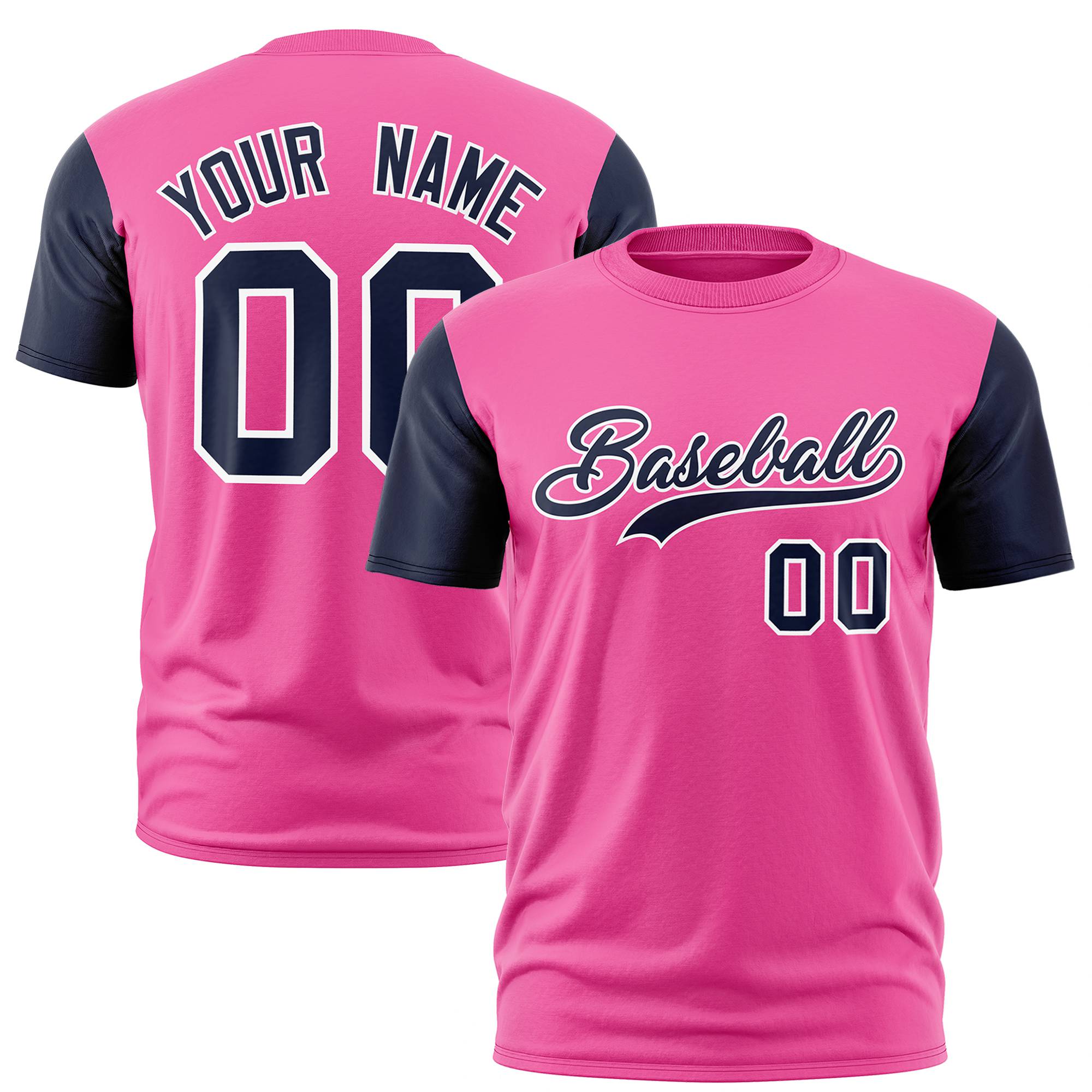 Custom Pink Navy White Crew Neck Personalized Raglan Sleeve Performance T-shirt