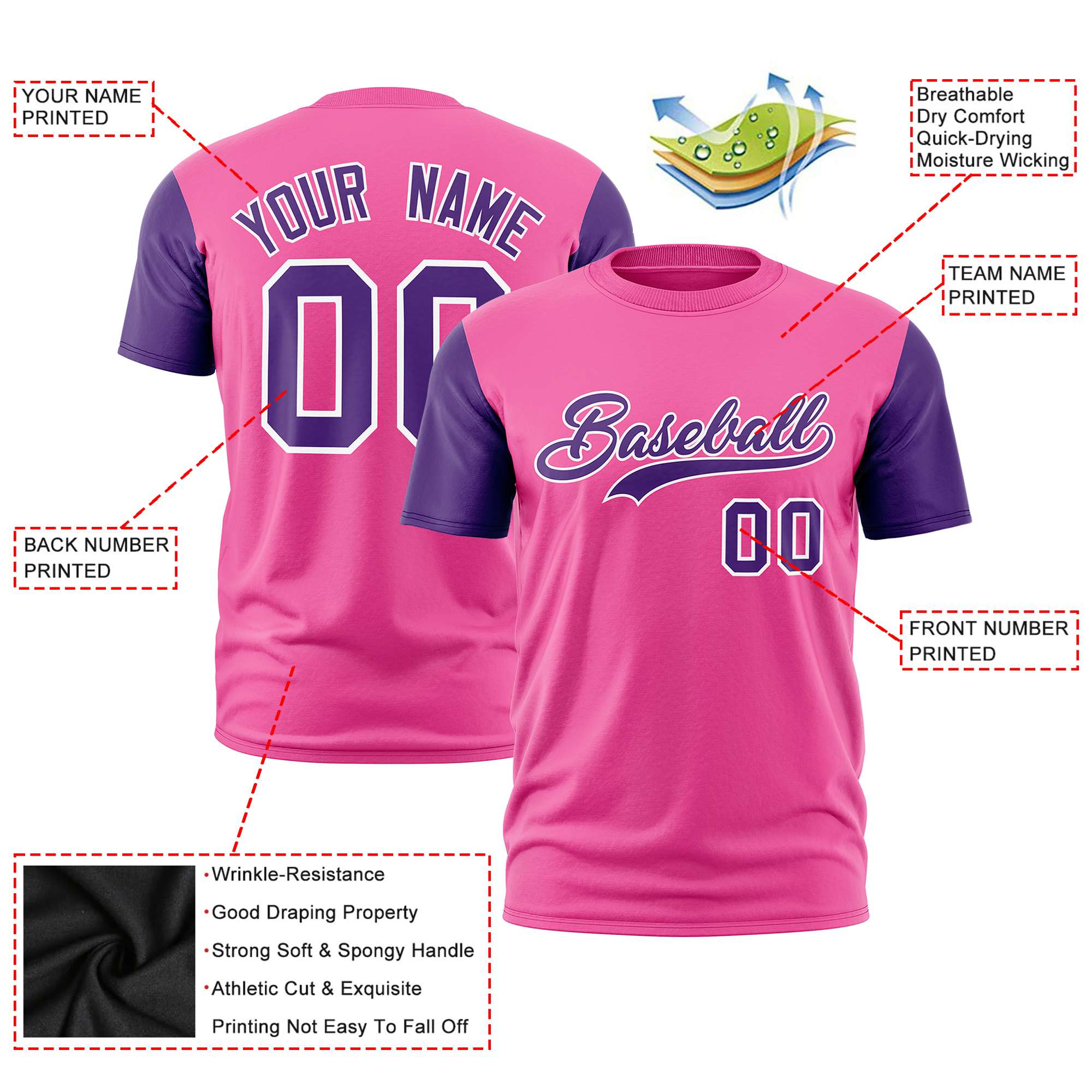 Custom Pink Purple White Crew Neck Personalized Raglan Sleeve Performance T-shirt