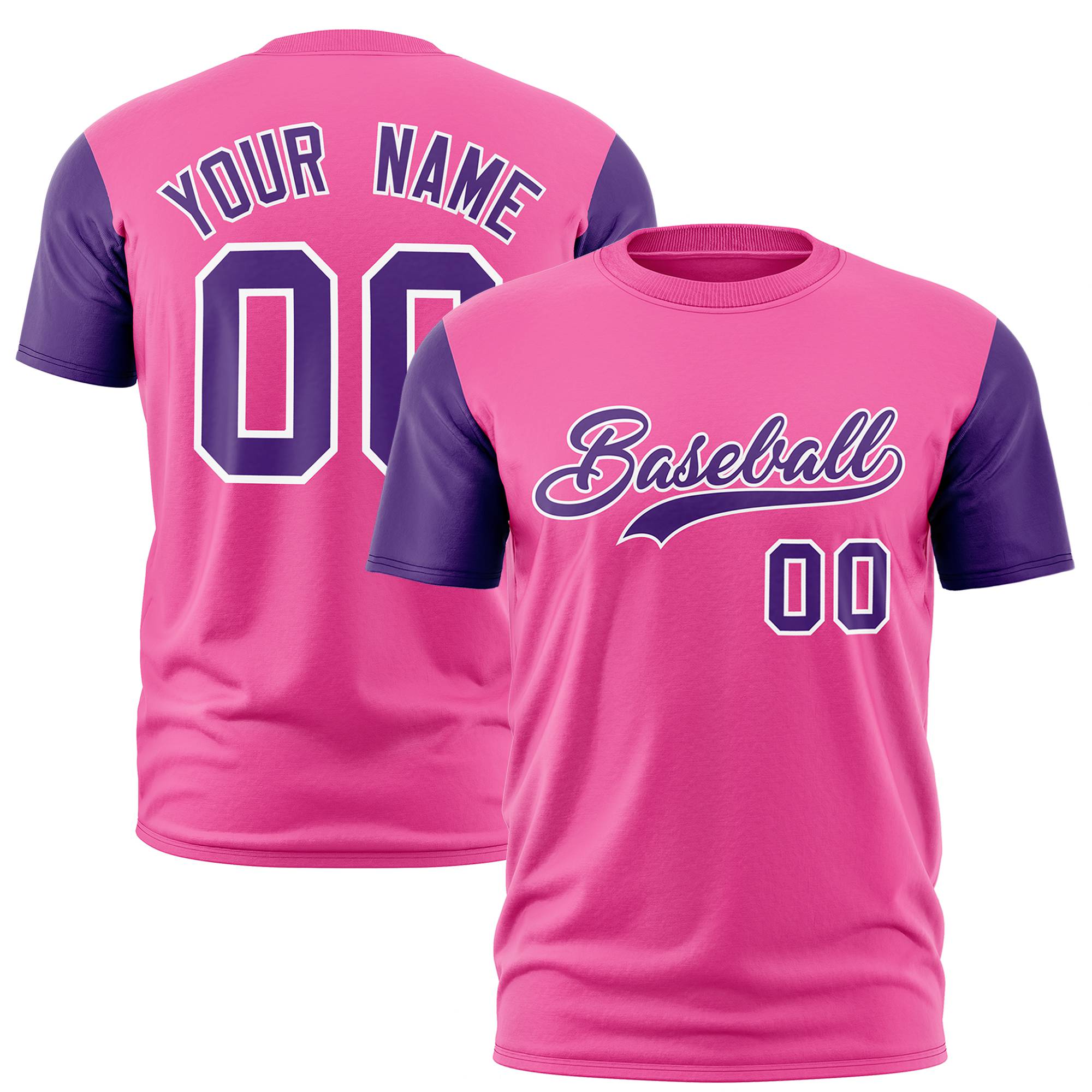 Custom Pink Purple White Crew Neck Personalized Raglan Sleeve Performance T-shirt