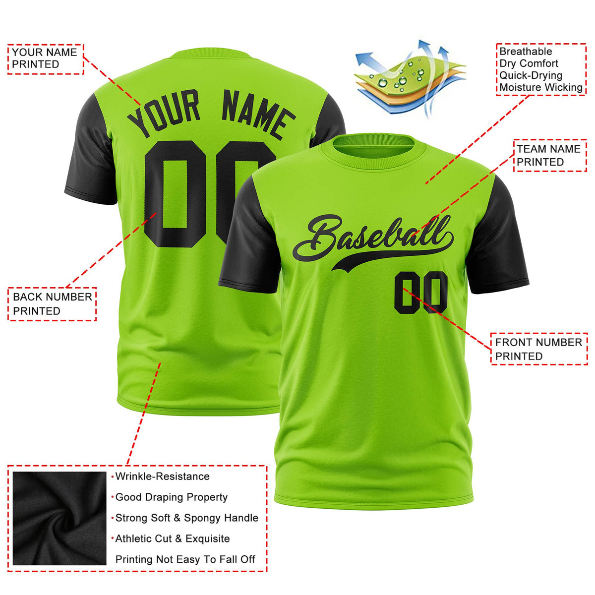 Custom Neon Green Black Crew Neck Personalized Raglan Sleeve Performance T-shirt