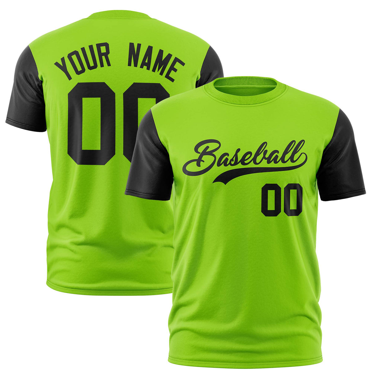 Custom Neon Green Black Crew Neck Personalized Raglan Sleeve Performance T-shirt