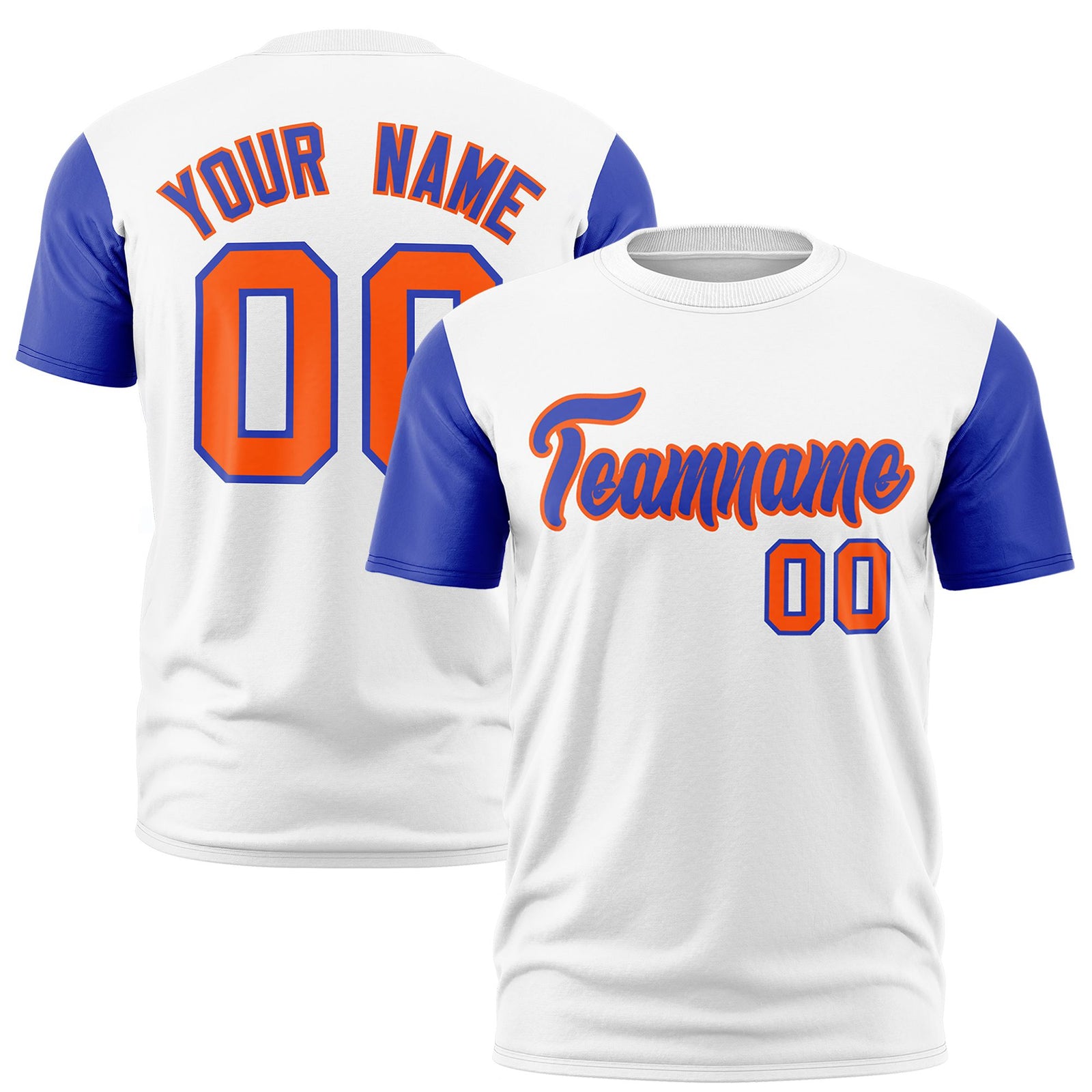 Custom White Royal Blue Orange Crew Neck Personalized Raglan Sleeve Performance T-shirt