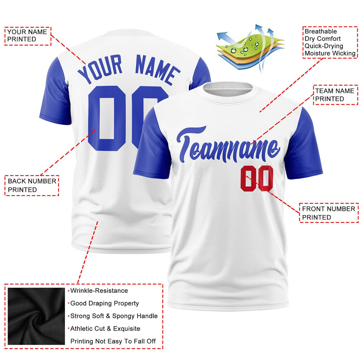 Custom White Royal Blue Red Crew Neck Personalized Raglan Sleeve Performance T-shirt