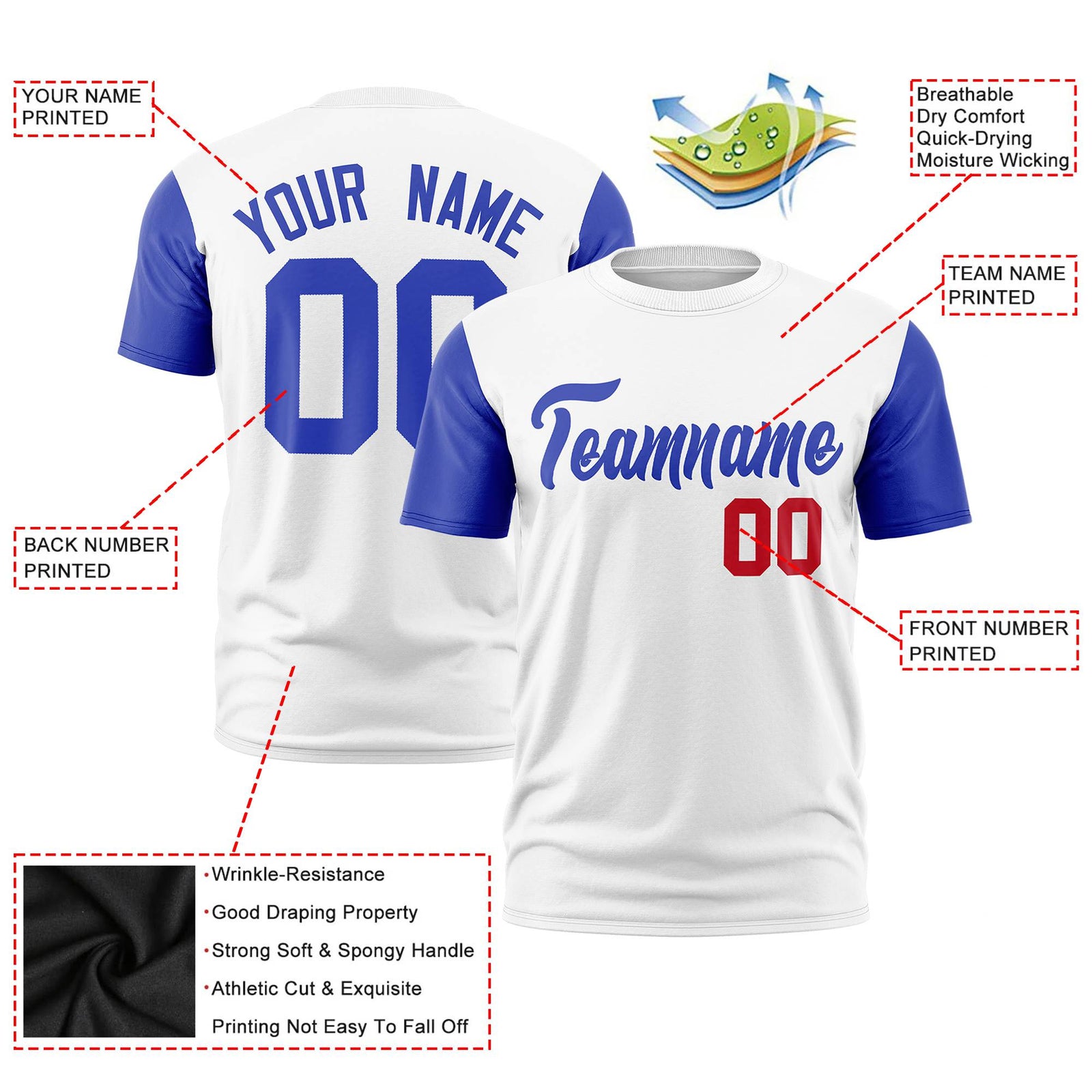 Custom White Royal Blue Red Crew Neck Personalized Raglan Sleeve Performance T-shirt