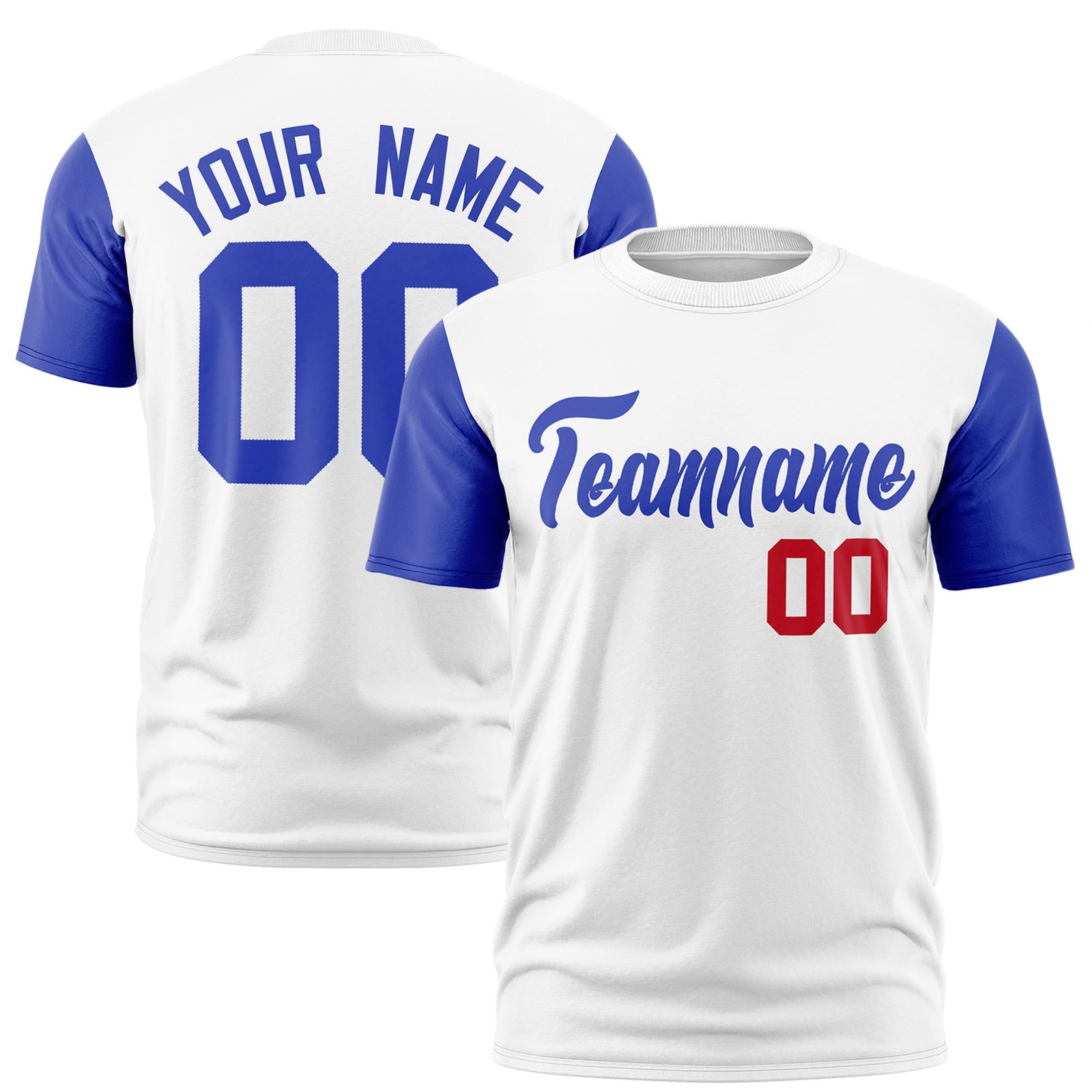 Custom White Royal Blue Red Crew Neck Personalized Raglan Sleeve Performance T-shirt