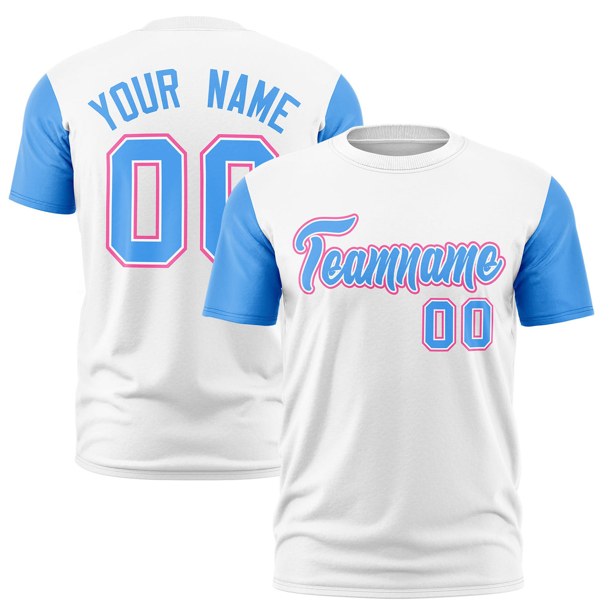 Custom White Powder Blue Pink Crew Neck Personalized Raglan Sleeve Performance T-shirt