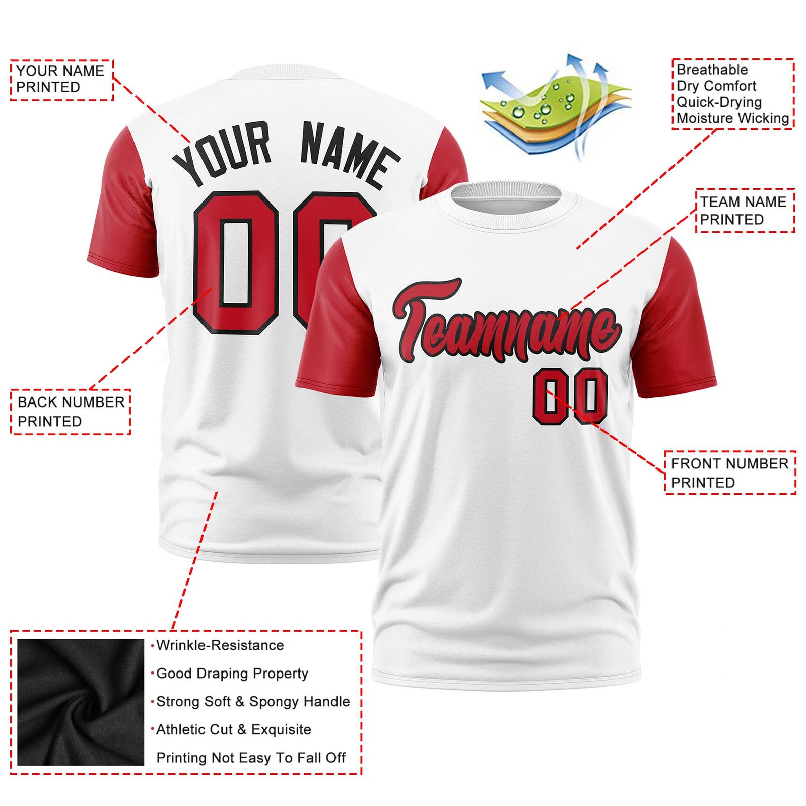 Custom White Red Black Crew Neck Personalized Raglan Sleeve Performance T-shirt