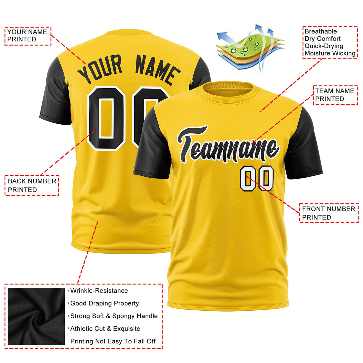 Custom Yellow Black White Crew Neck Personalized Raglan Sleeve Performance T-shirt