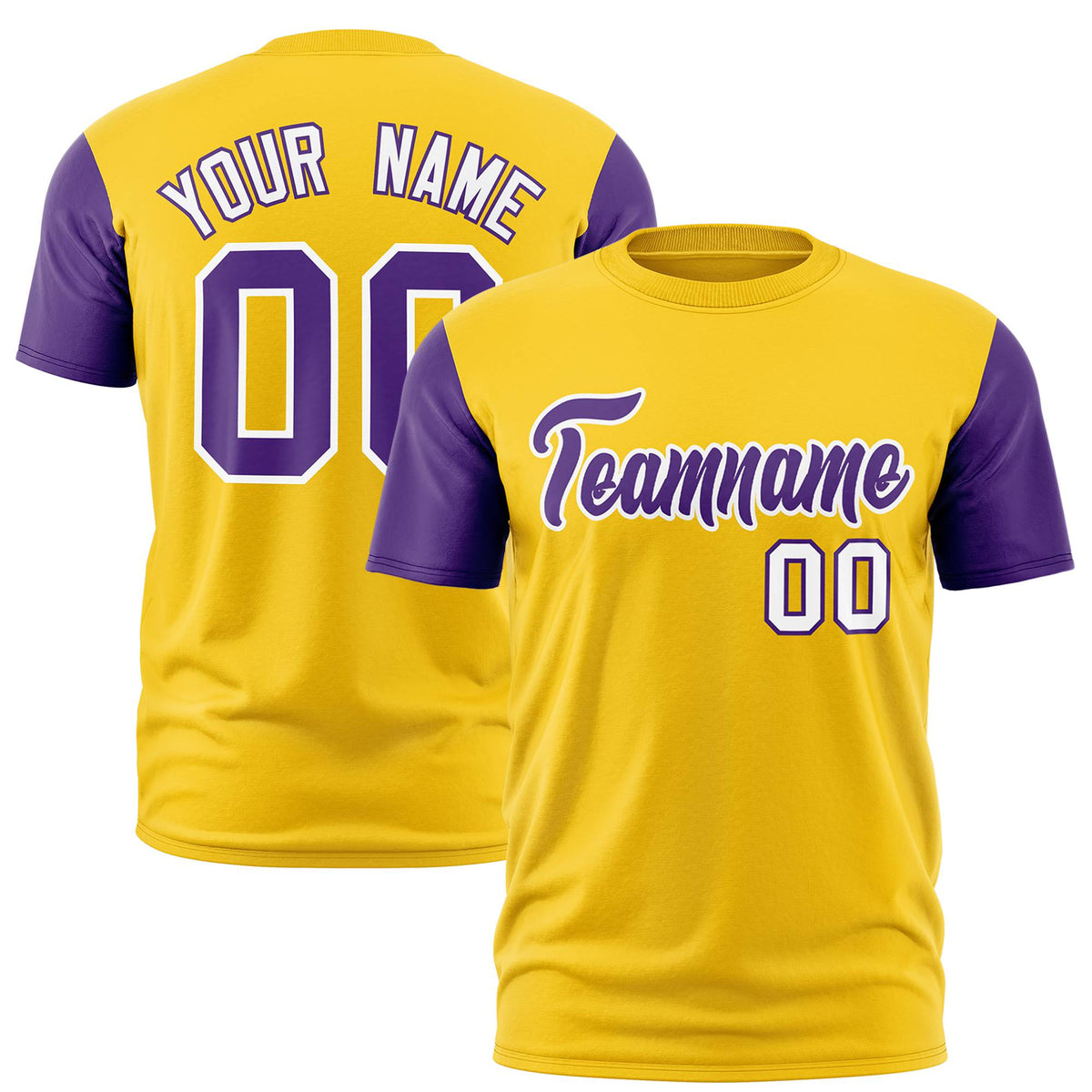 Custom Yellow Purple White Crew Neck Personalized Raglan Sleeve Performance T-shirt