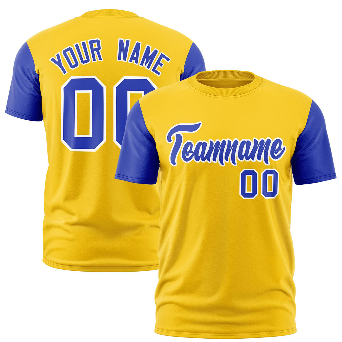 Custom Yellow Royal Blue White Crew Neck Personalized Raglan Sleeve Performance T-shirt