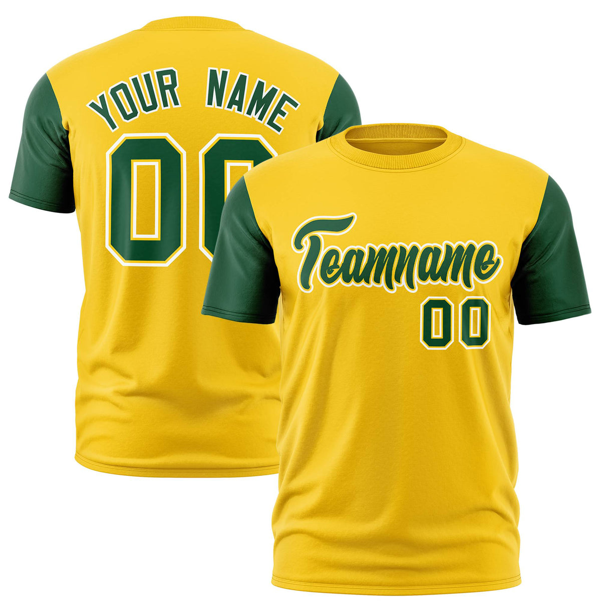 Custom Yellow Green White Crew Neck Personalized Raglan Sleeve Performance T-shirt