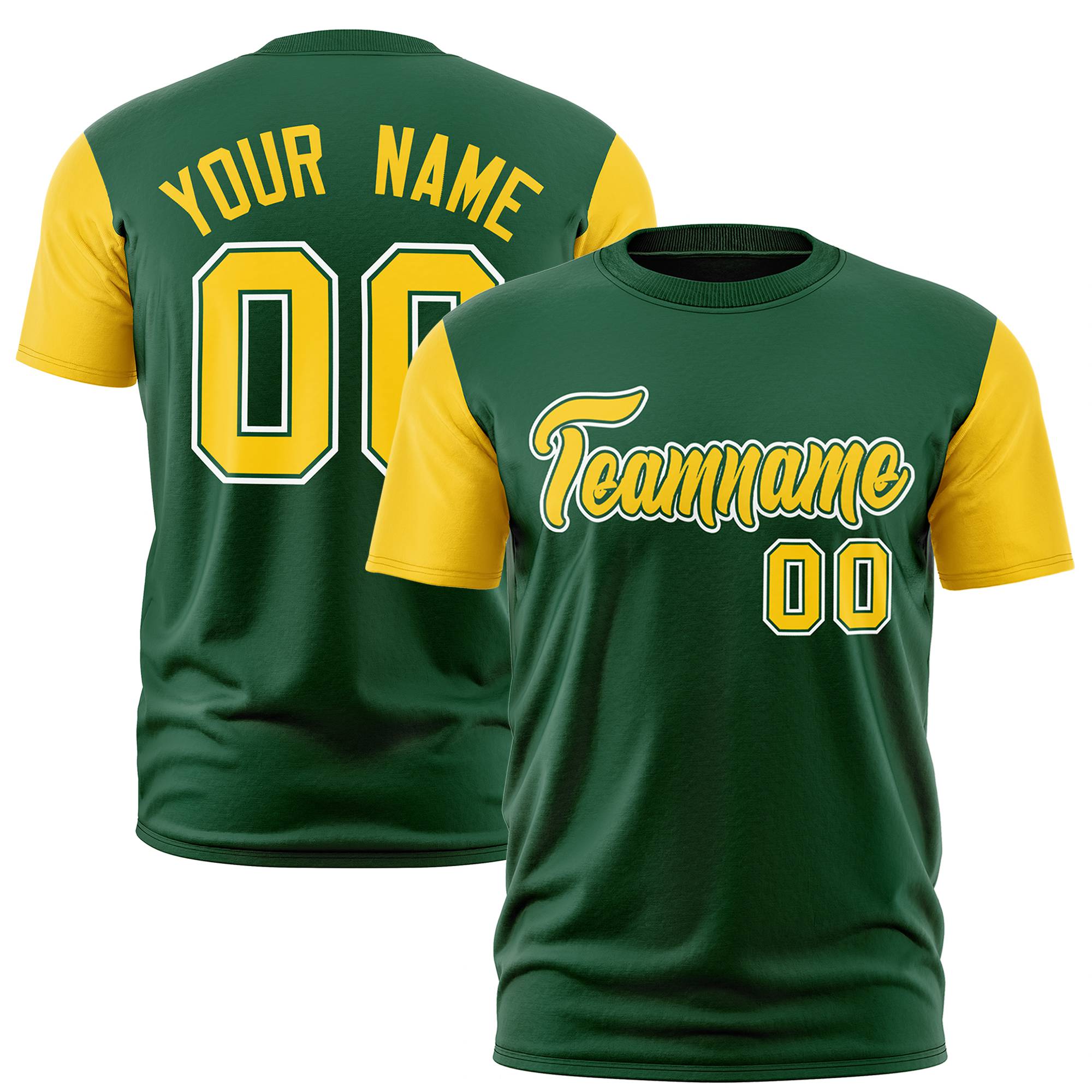 Custom Green Yellow White Crew Neck Personalized Raglan Sleeve Performance T-shirt