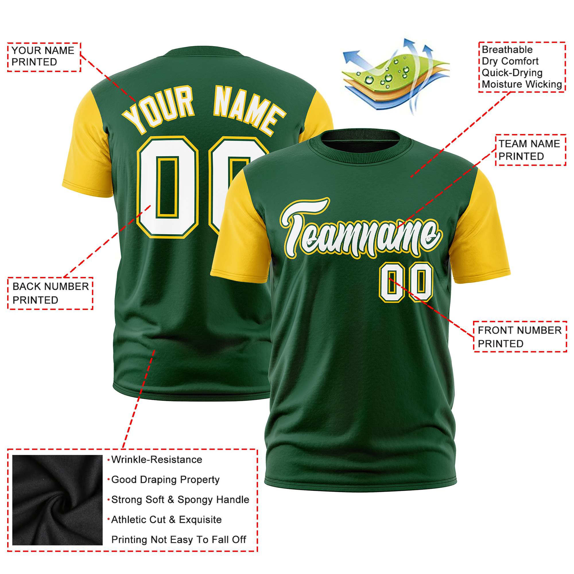 Custom Green Yellow White Crew Neck Personalized Raglan Sleeve Performance T-shirt