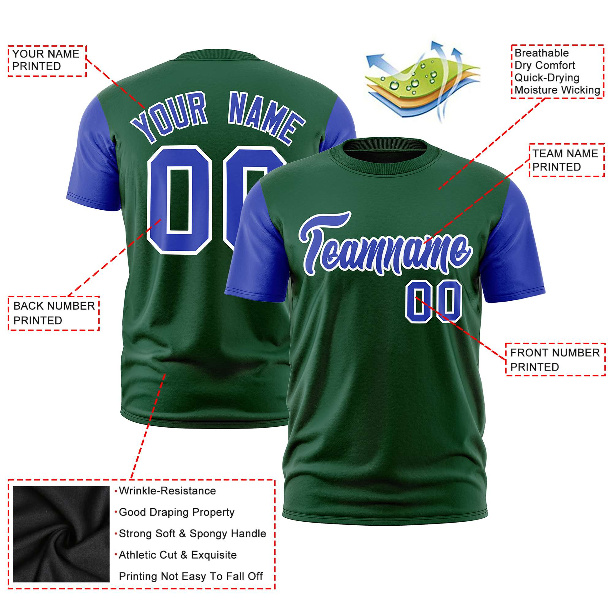 Custom Green Royal Blue White Crew Neck Personalized Raglan Sleeve Performance T-shirt