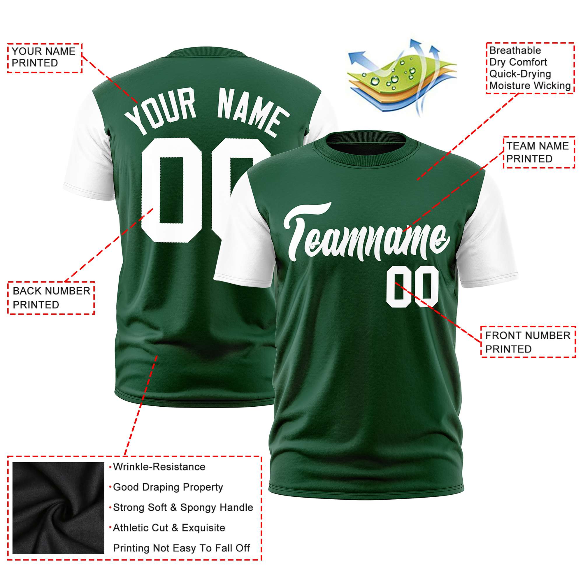 Custom Green White Crew Neck Personalized Raglan Sleeve Performance T-shirt