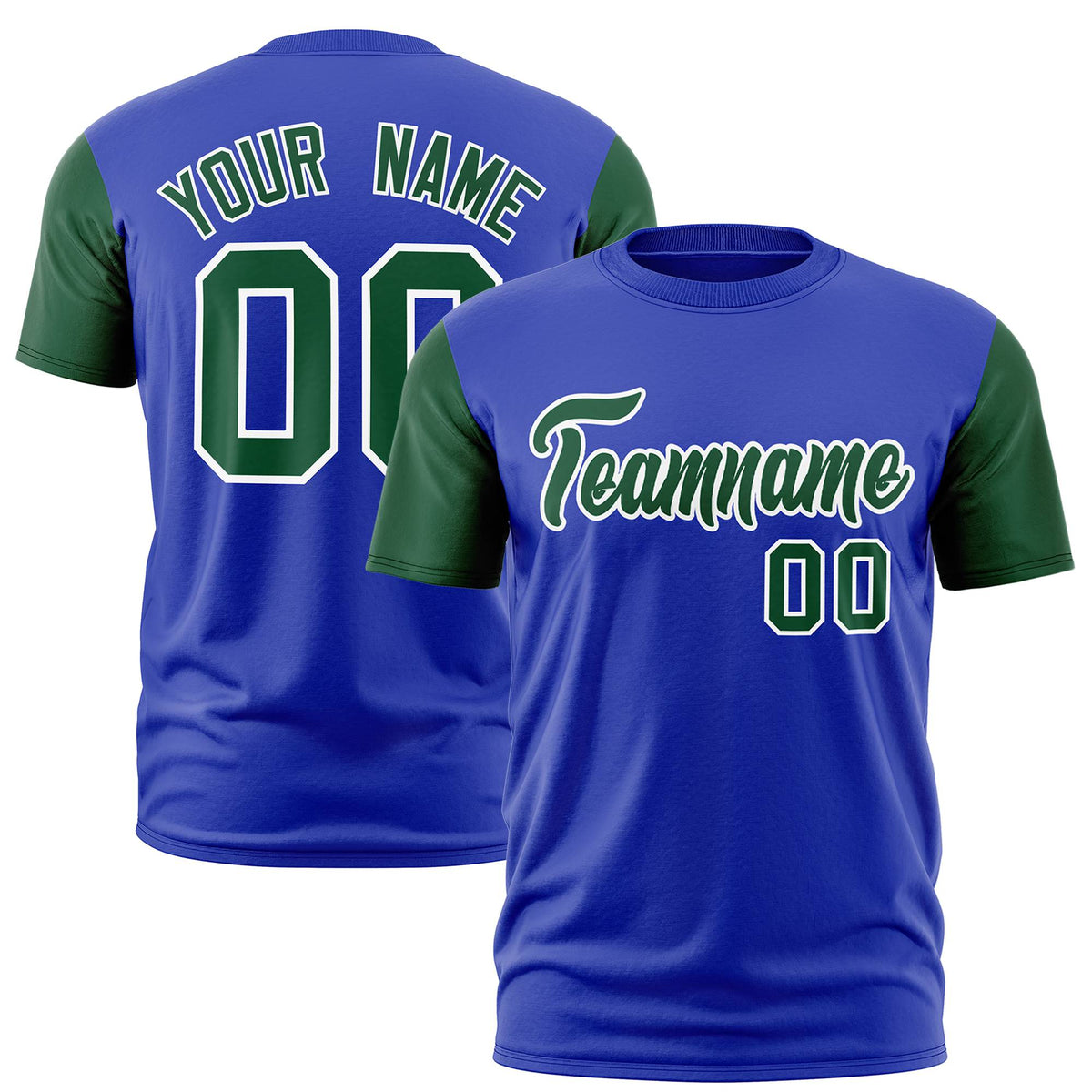 Custom Royal Blue Green White Crew Neck Personalized Raglan Sleeve Performance T-shirt