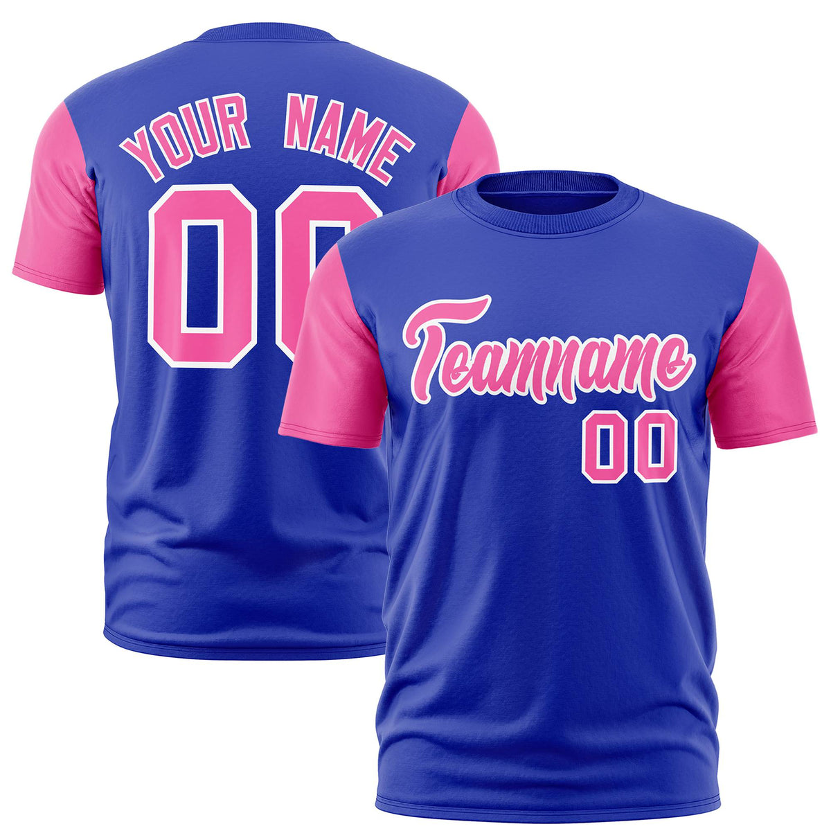Custom Royal Blue Pink White Crew Neck Personalized Raglan Sleeve Performance T-shirt