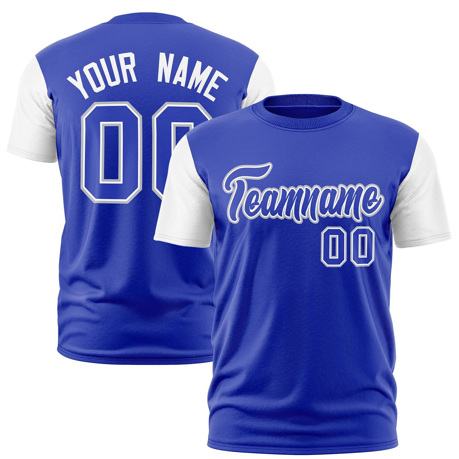 Custom Royal Blue White Crew Neck Personalized Raglan Sleeve Performance T-shirt