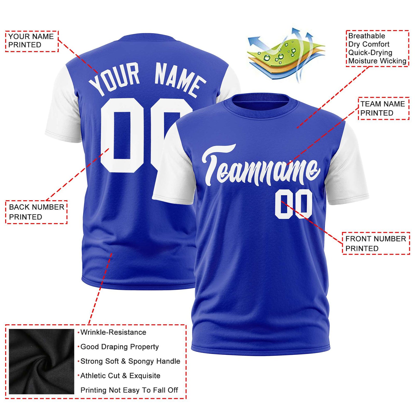 Custom Royal Blue White Crew Neck Personalized Raglan Sleeve Performance T-shirt