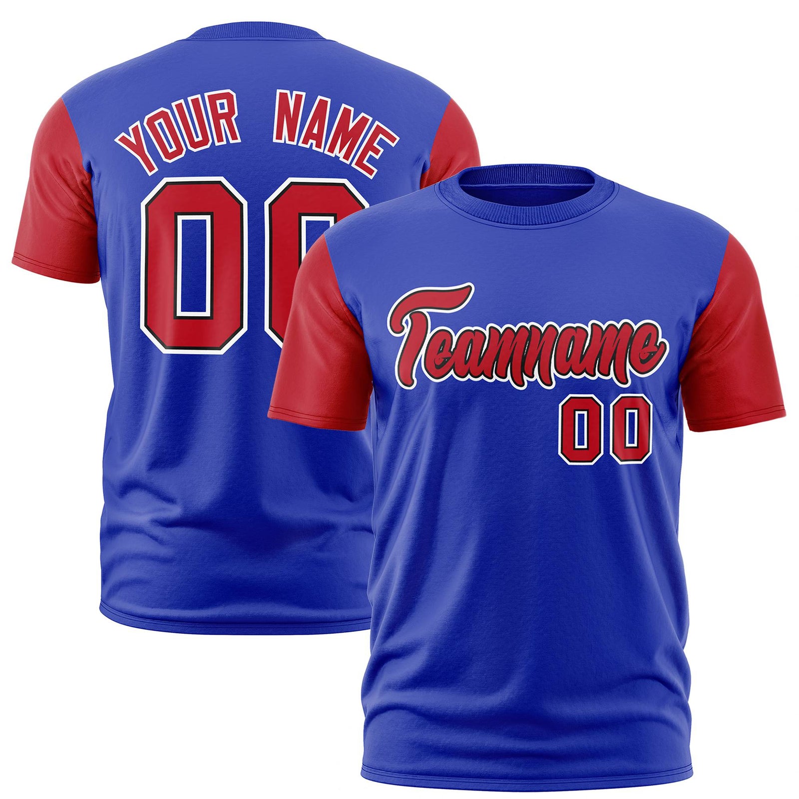 Custom Royal Blue Red White Crew Neck Personalized Raglan Sleeve Performance T-shirt