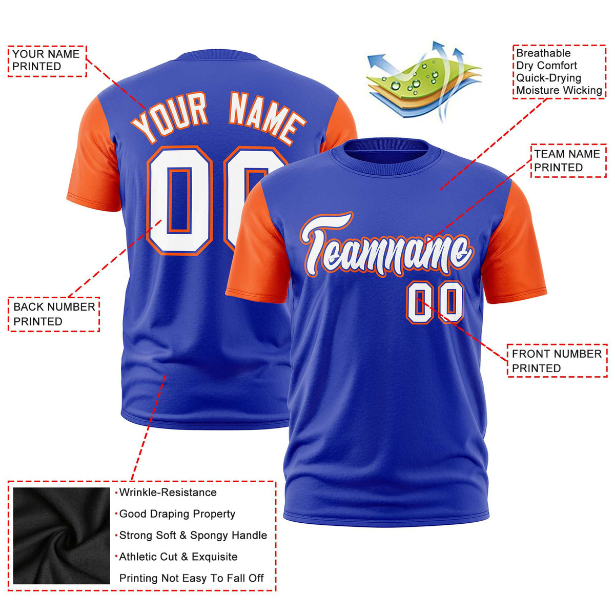 Custom Royal Blue Orange White Crew Neck Personalized Raglan Sleeve Performance T-shirt