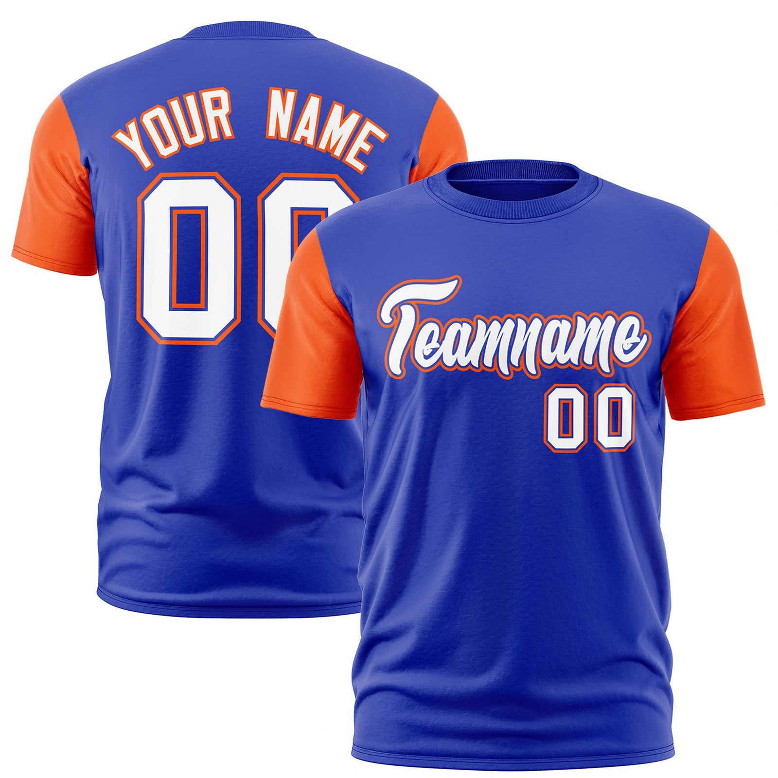 Custom Royal Blue Orange White Crew Neck Personalized Raglan Sleeve Performance T-shirt