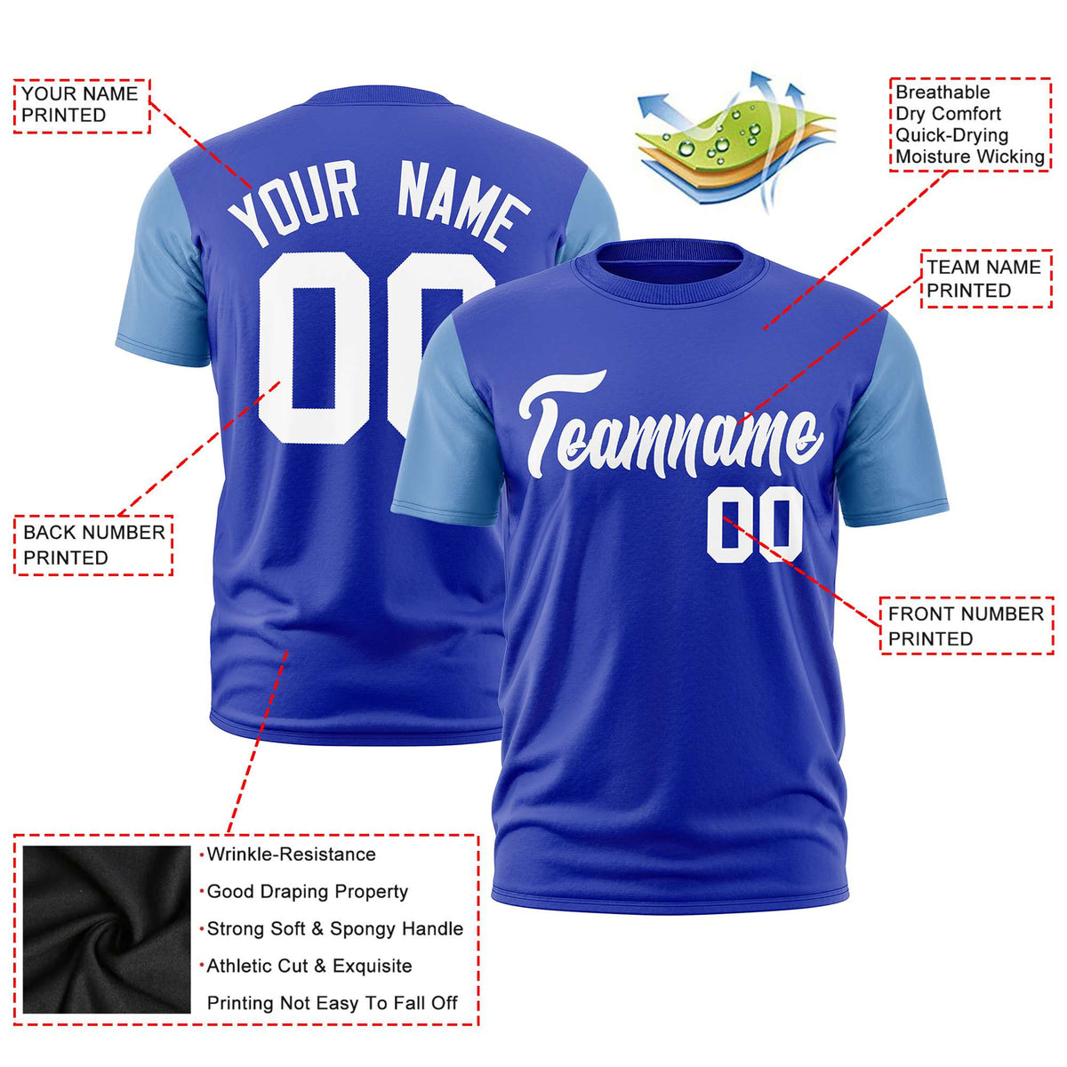 Custom Royal Blue Light Blue White Crew Neck Personalized Raglan Sleeve Performance T-shirt