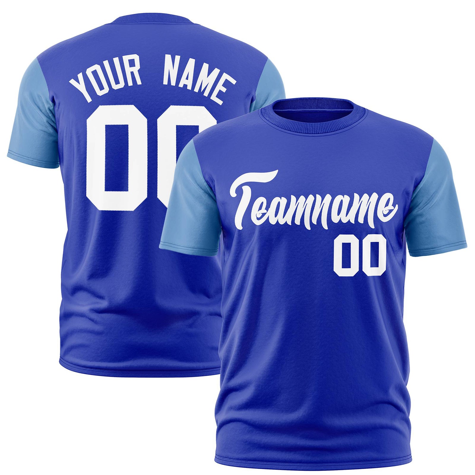 Custom Royal Blue Light Blue White Crew Neck Personalized Raglan Sleeve Performance T-shirt