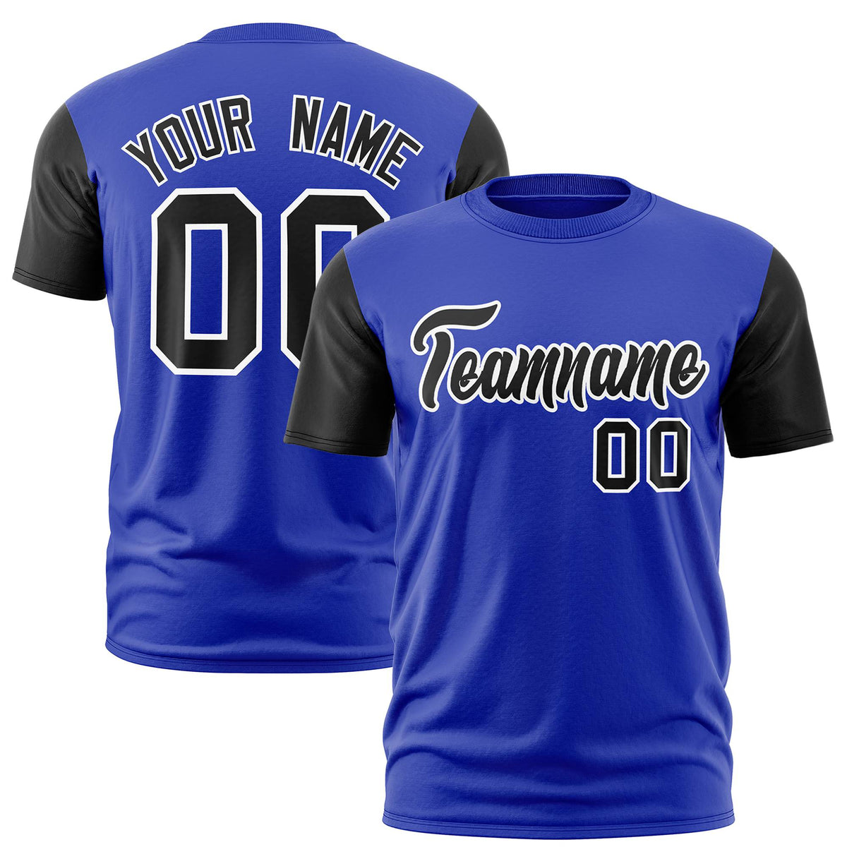 Custom Royal Blue Black White Crew Neck Personalized Raglan Sleeve Performance T-shirt