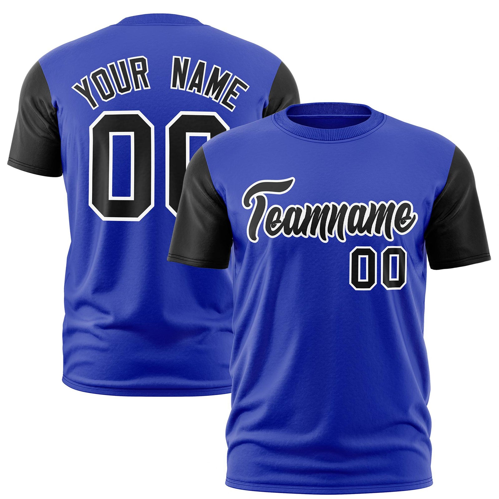 Custom Royal Blue Black White Crew Neck Personalized Raglan Sleeve Performance T-shirt