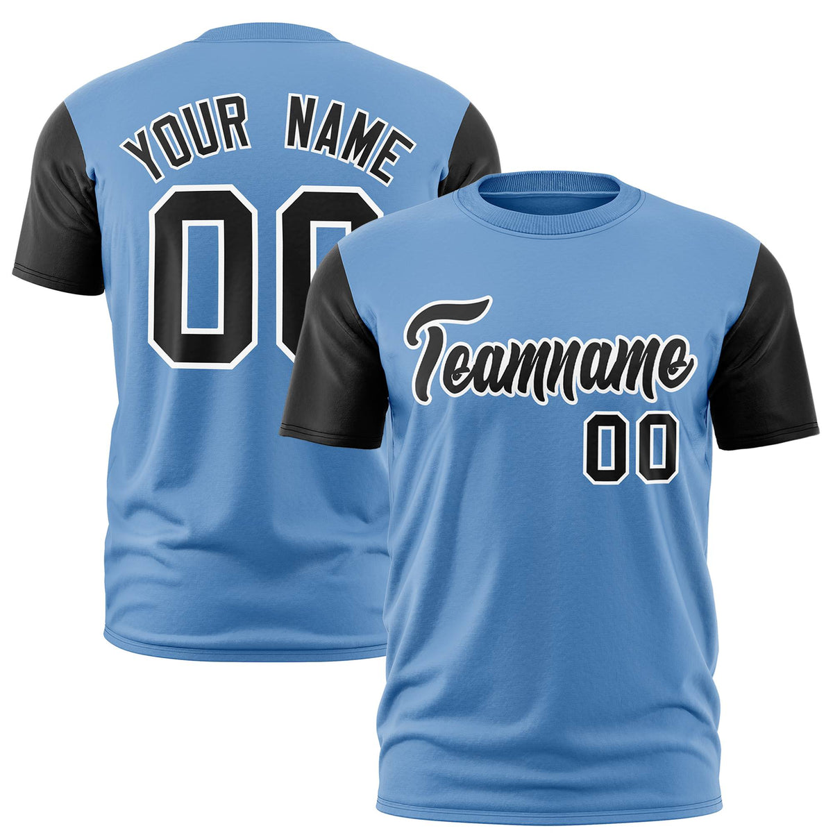 Custom Light Blue Black White Crew Neck Personalized Raglan Sleeve Performance T-shirt