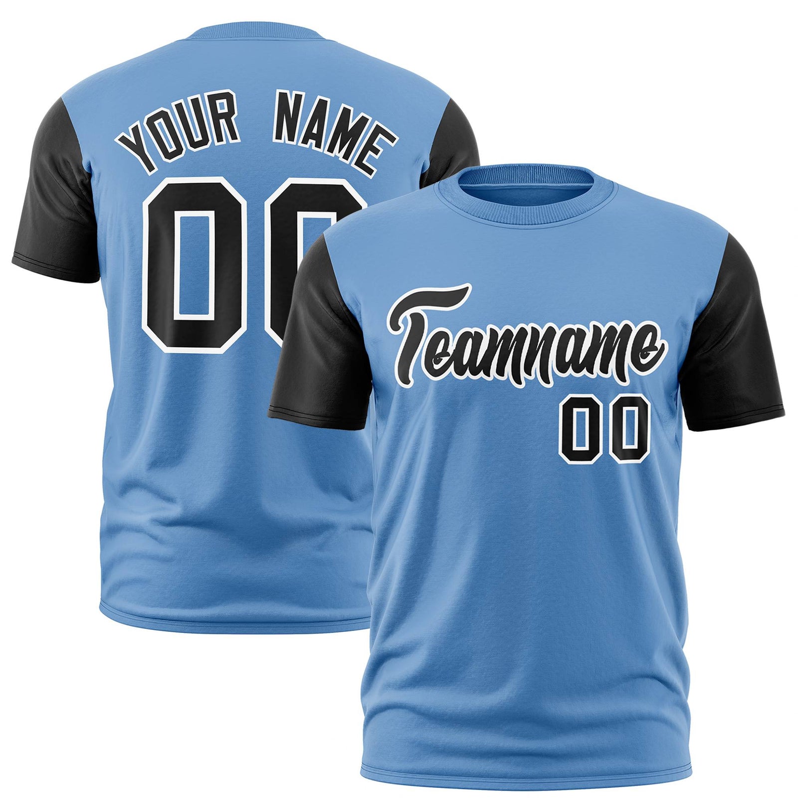 Custom Light Blue Black White Crew Neck Personalized Raglan Sleeve Performance T-shirt