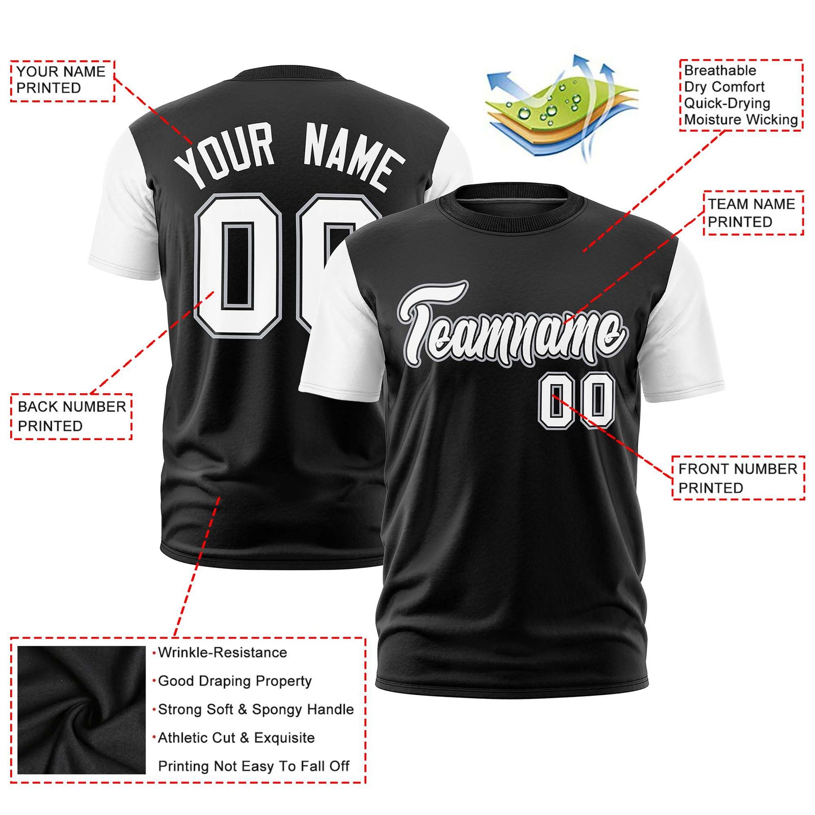 Custom Black White Crew Neck Personalized Raglan Sleeve Performance T-shirt
