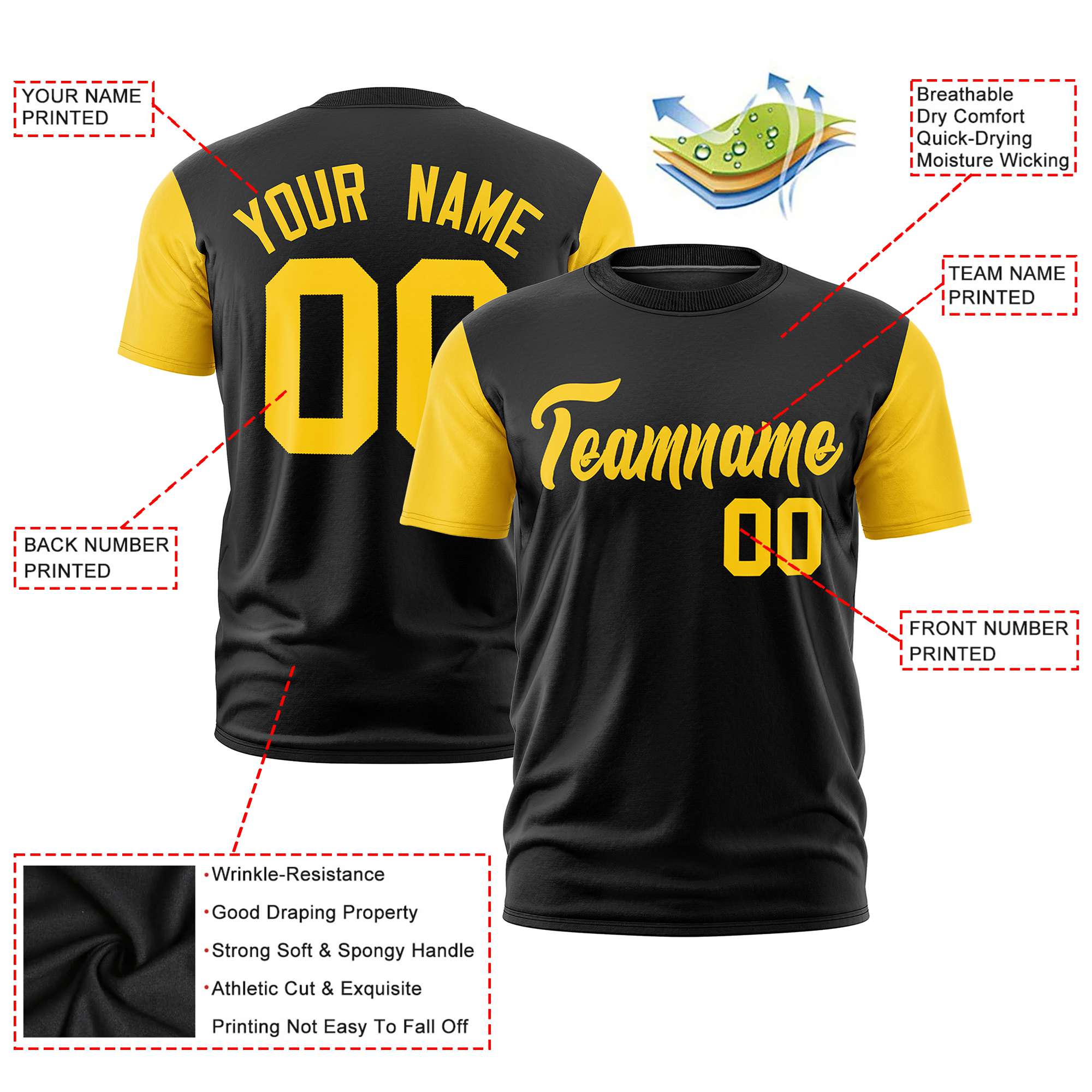 Custom Black Gold01 Crew Neck Personalized Raglan Sleeve Performance T-shirt