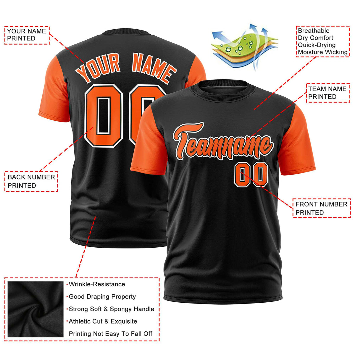 Custom Black Orange White Crew Neck Personalized Raglan Sleeve Performance T-shirt