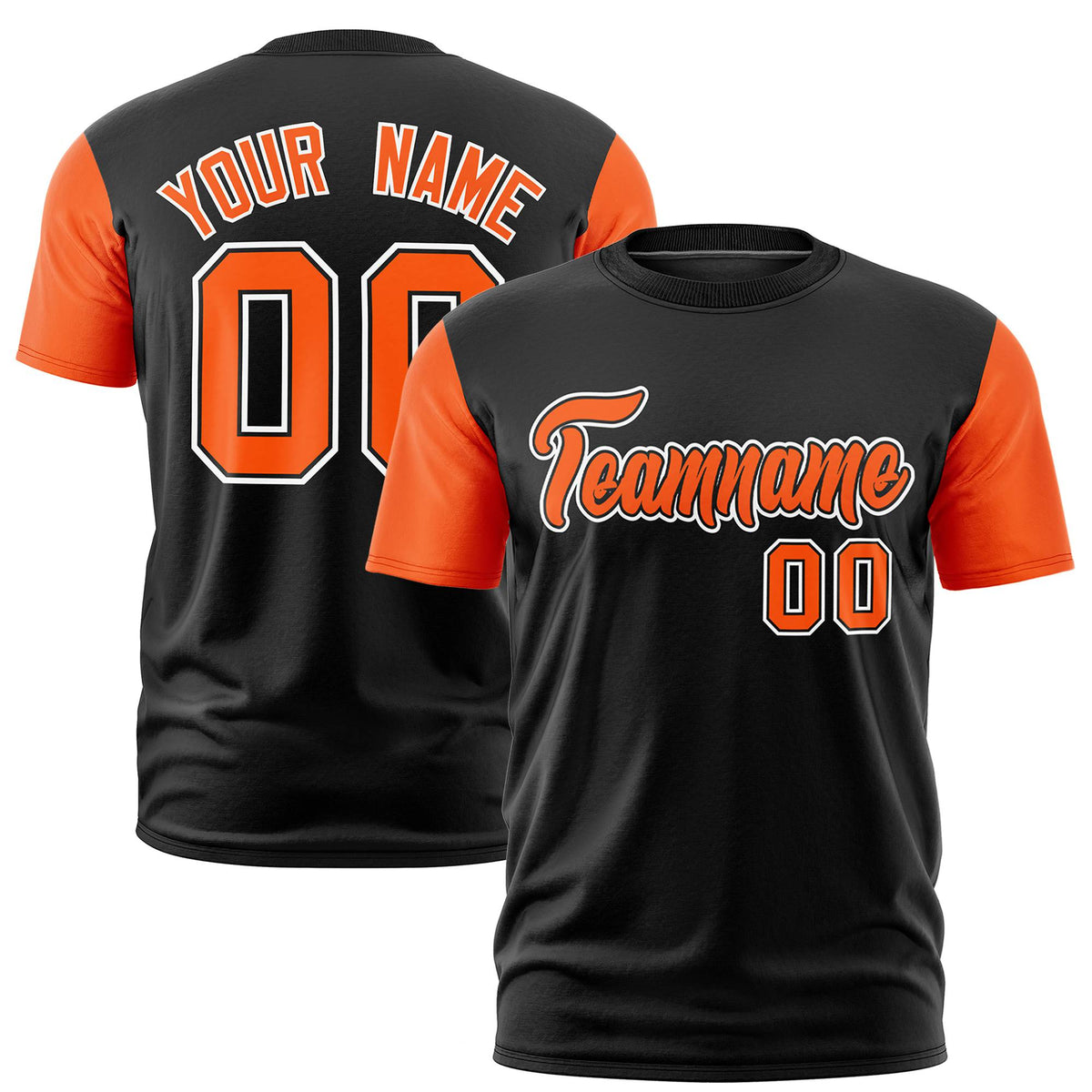 Custom Black Orange White Crew Neck Personalized Raglan Sleeve Performance T-shirt