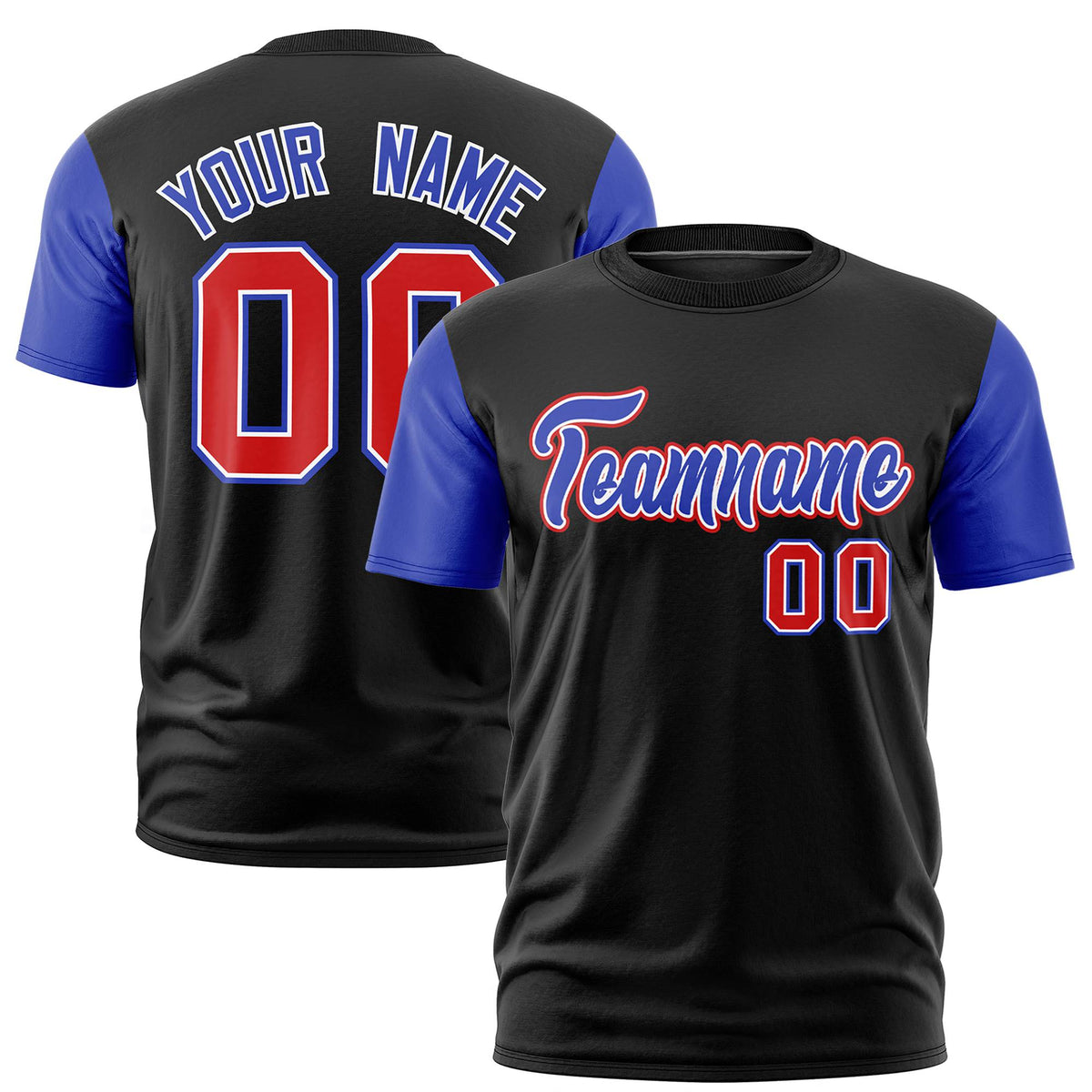 Custom Black Royal Blue Red Crew Neck Personalized Raglan Sleeve Performance T-shirt