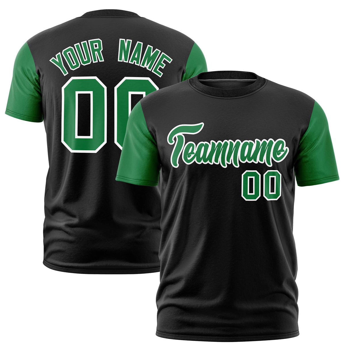 Custom Black Kelly Green White Crew Neck Personalized Raglan Sleeve Performance T-shirt