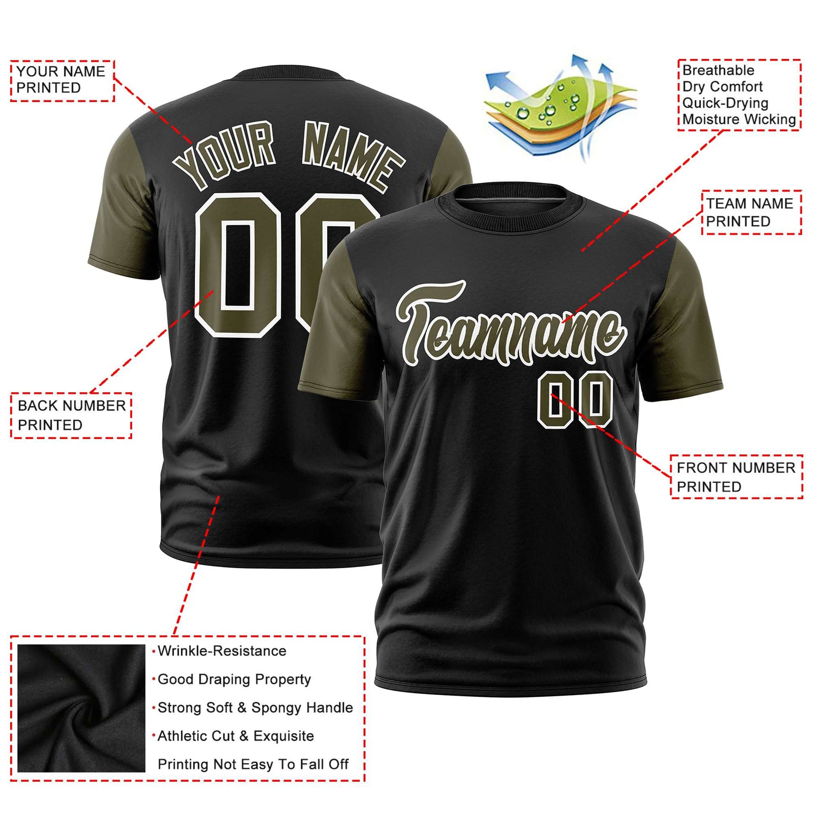 Custom Black Olive White Crew Neck Personalized Raglan Sleeve Performance T-shirt
