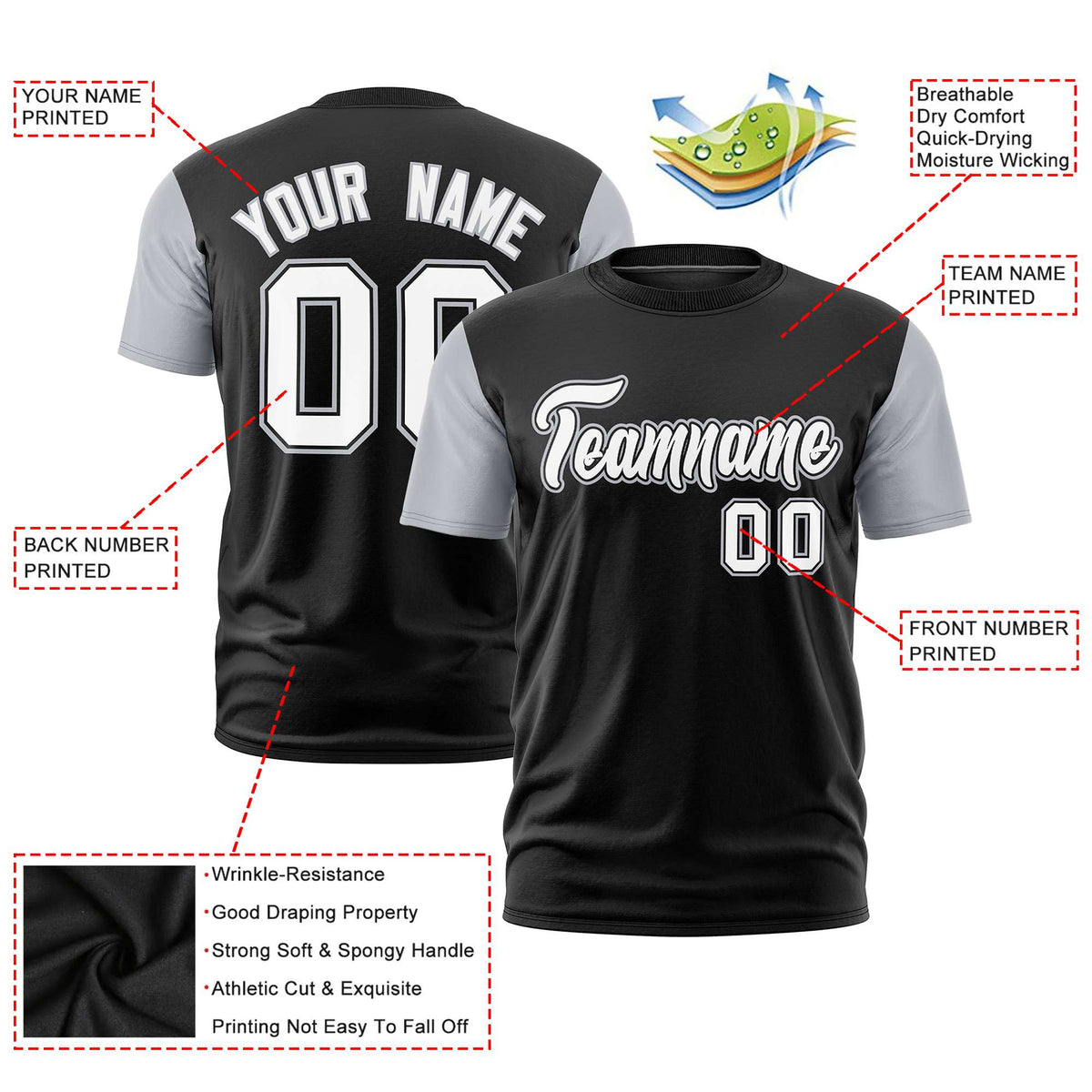 Custom Black Gray White Crew Neck Personalized Raglan Sleeve Performance T-shirt