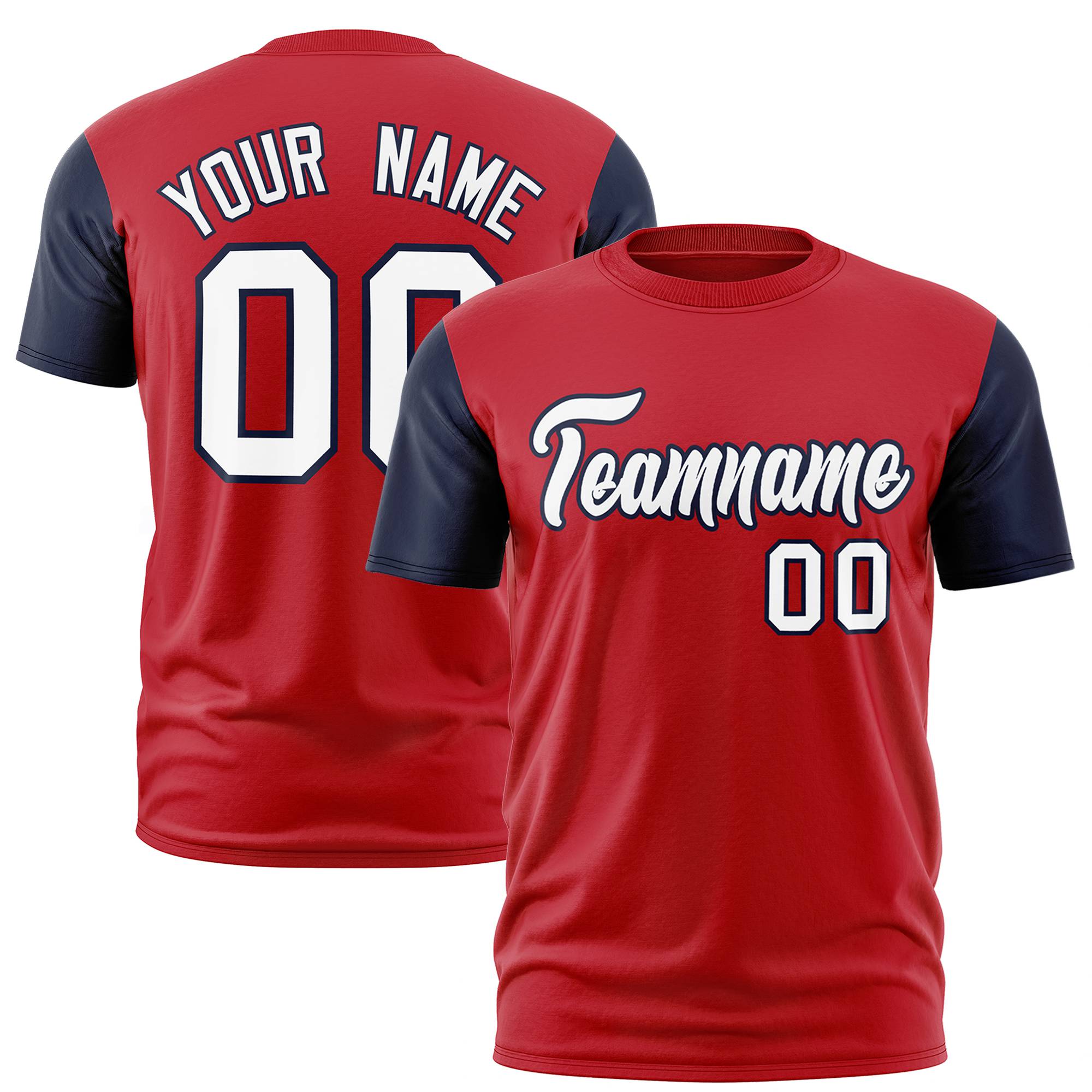 Custom Red Navy White Crew Neck Personalized Raglan Sleeve Performance T-shirt