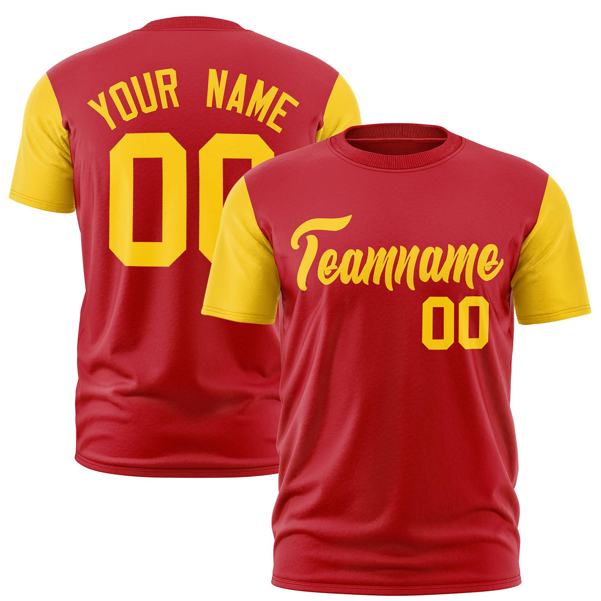 Custom Red Yellow Crew Neck Personalized Raglan Sleeve Performance T-shirt