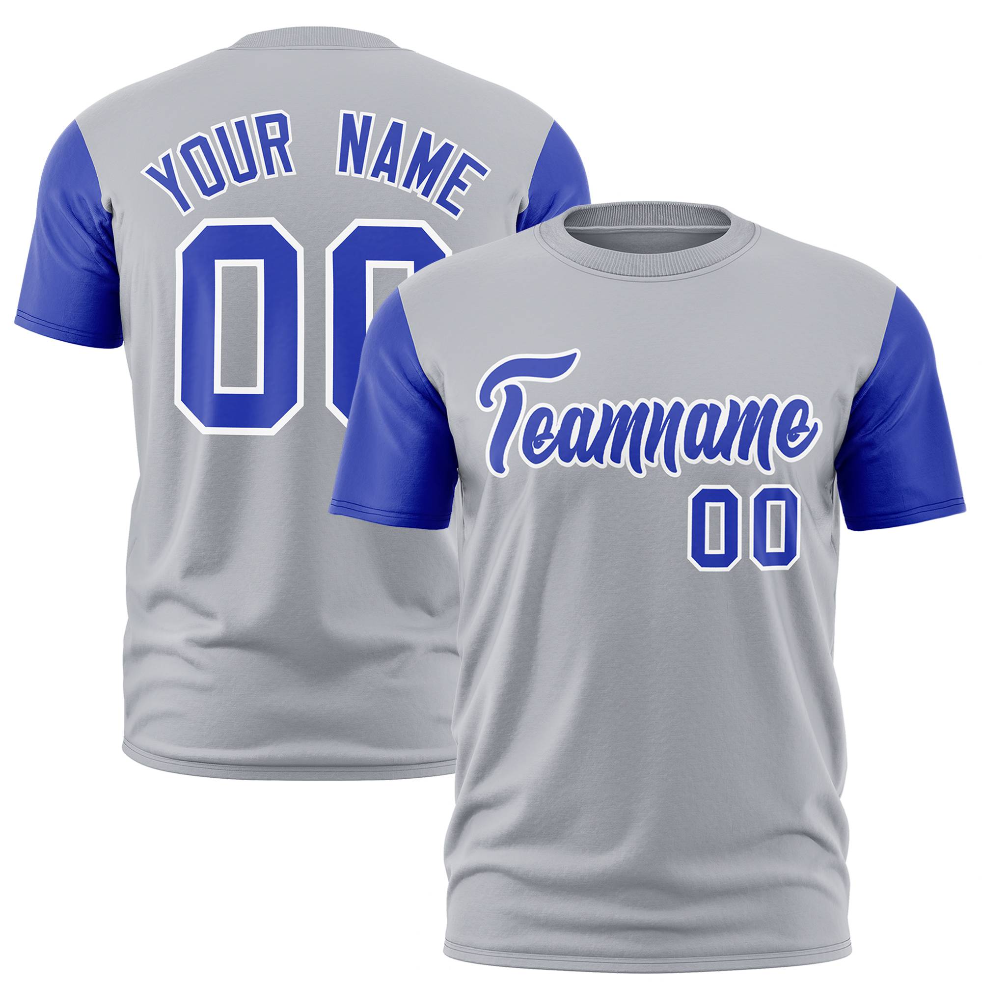 Custom Gray Royal Blue White Crew Neck Personalized Raglan Sleeve Performance T-shirt