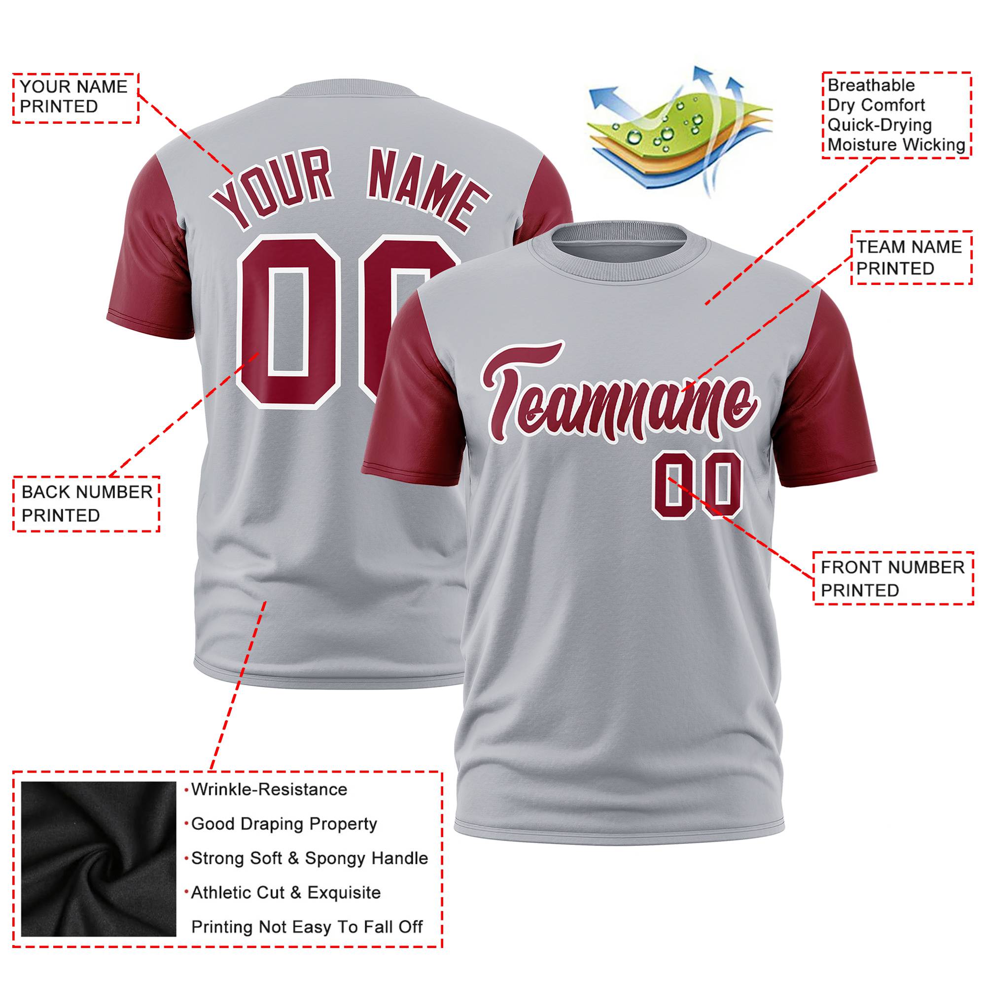 Custom Gray Crimson White Crew Neck Personalized Raglan Sleeve Performance T-shirt