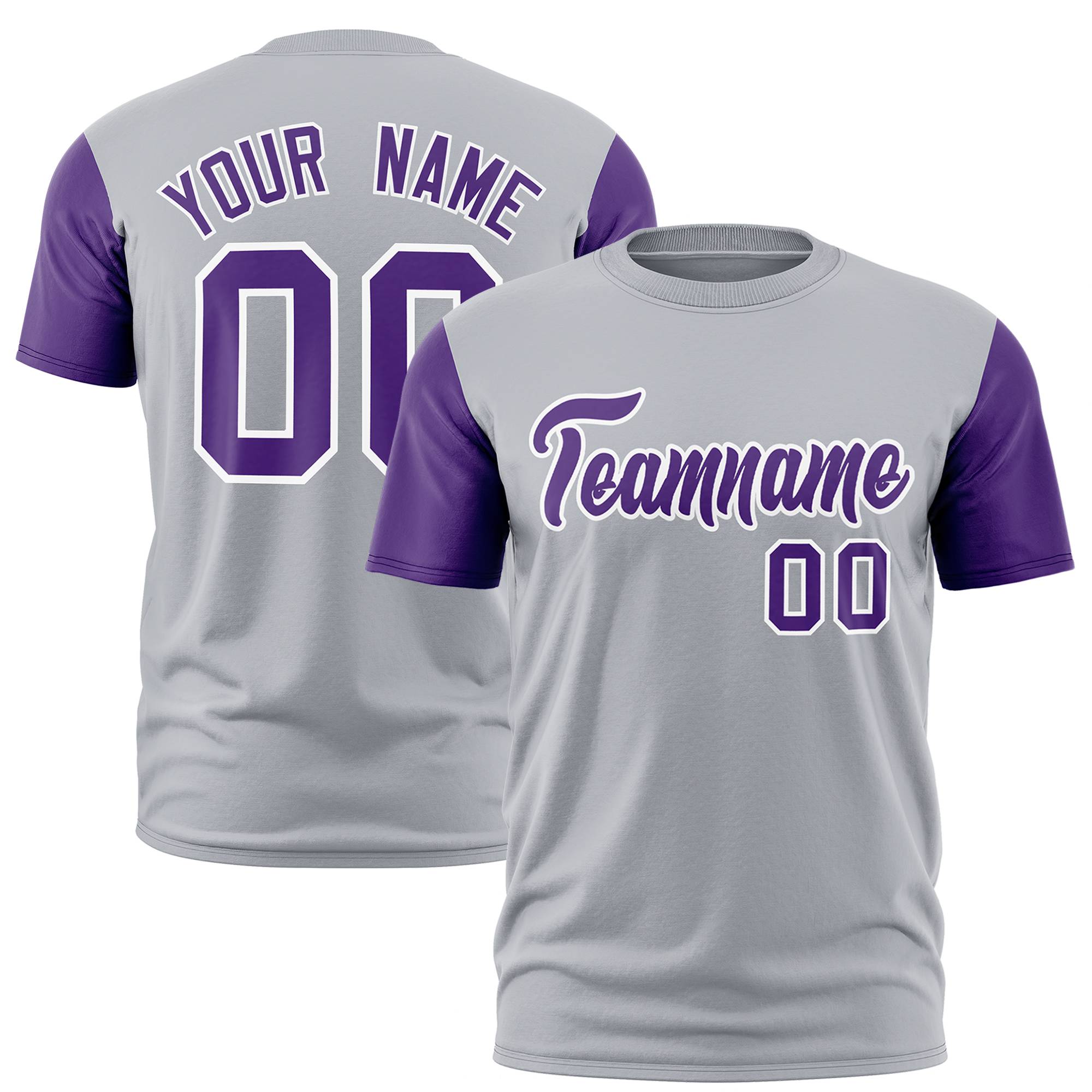 Custom Gray Purple White Crew Neck Personalized Raglan Sleeve Performance T-shirt