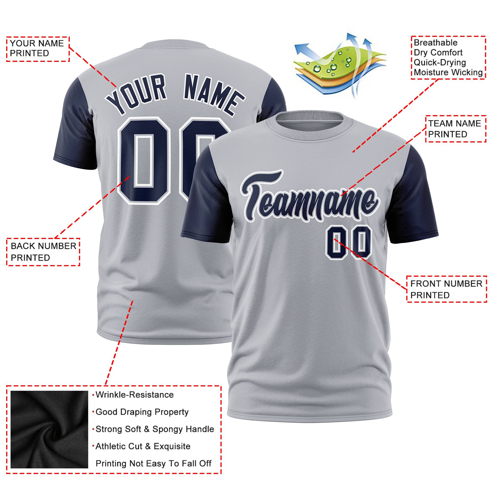 Custom Gray Navy White Crew Neck Personalized Raglan Sleeve Performance T-shirt